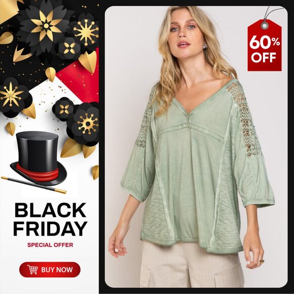 💣POL Feminine Boho Crochet Sleeves Raw Edge Back Yoke Soft Sage Blouse | Size S - Picture 1 of 5